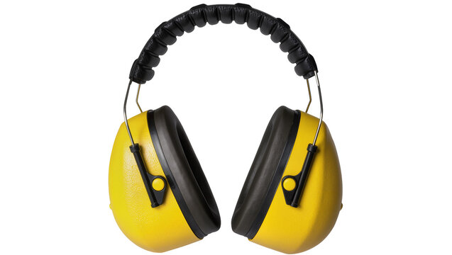 Yellow and black earmuffs with adjustable headband, isolated on transparent background