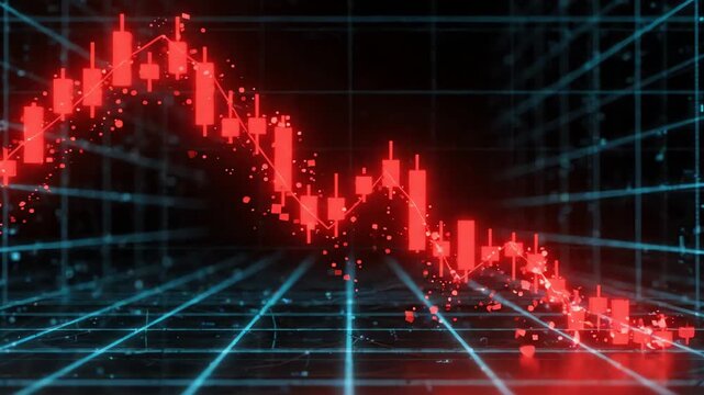 A red stock market graph with a downward trend displayed on a futuristic grid background with blue lines and dots, conveying a sense of financial decline or crisis.