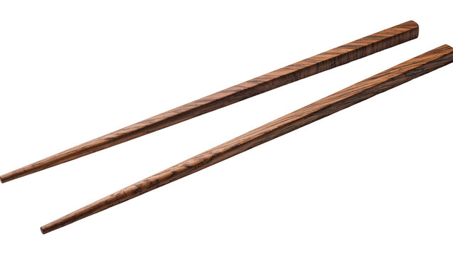 Pair of dark brown wooden chopsticks with textured grain, isolated on transparent background