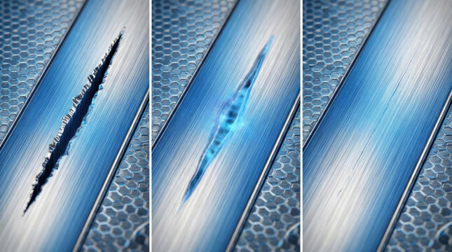 Self healing polymer surface with visible damage and restoration process, showcasing innovation