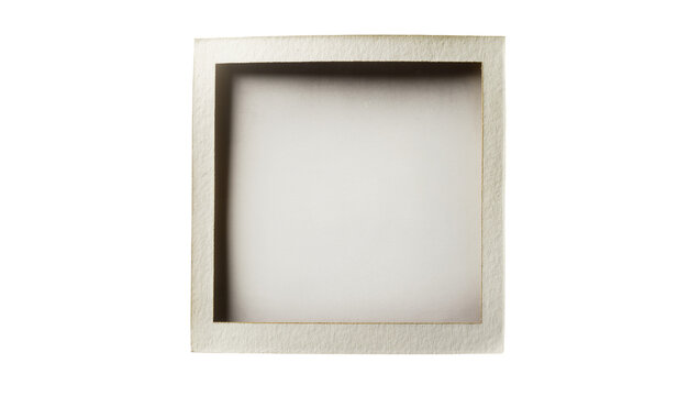 Empty beige square shadow box frame with textured border, isolated on transparent background