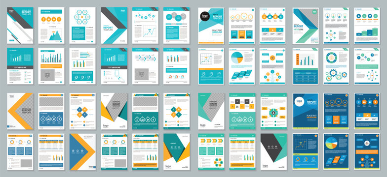 business  Data Analytics report template collection and layout design with infographics, data visualization charts, financial report layouts. Suitable brochures, proposals, presentations, concept
