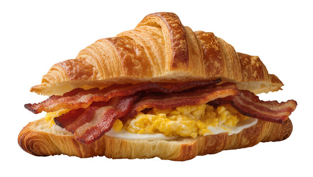 Flaky croissant sandwich with crispy bacon and scrambled eggs, isolated on transparent background