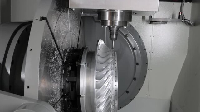Industrial milling machine performing precision metal manufacturing on a turbine component in a high tech workshop setting.