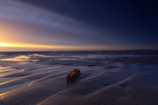Sunset on the North Sea beach of Egmond aan Zee
