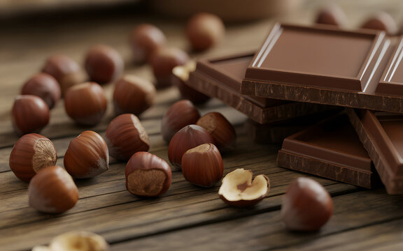 Milk chocolate squares piled next to scattered raw hazelnuts on wood