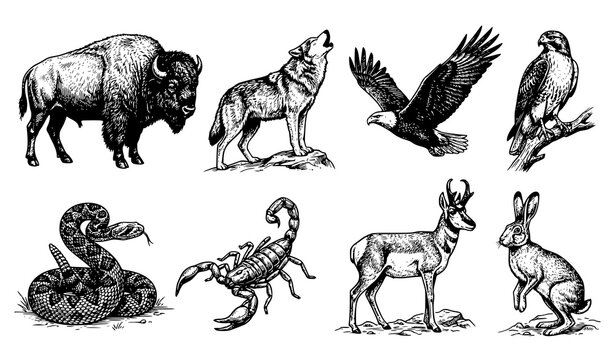 American Desert and Plains Wildlife Engraving Collection Vector Illustration Set