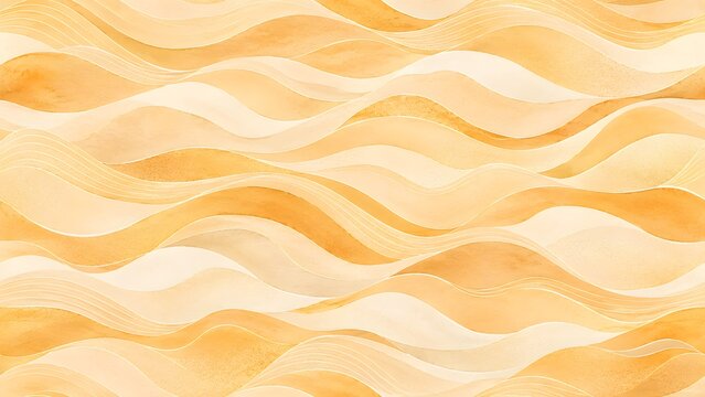 Abstract seamless pattern with flowing wavy lines in shades of warm yellow and beige, watercolor texture background