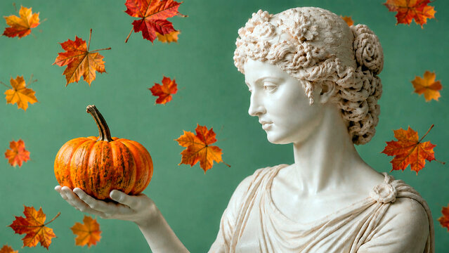 Classical white marble goddess statue holding a ripe orange pumpkin amidst falling autumn maple leaves on a sage green background