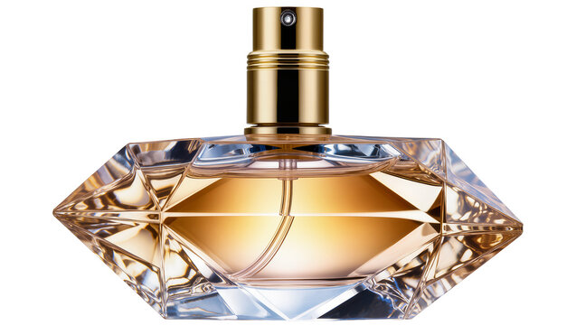 Geometric faceted crystal perfume bottle with golden spray nozzle, isolated on transparent background