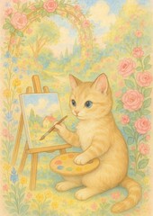 Naklejka premium Charming cat painting garden.