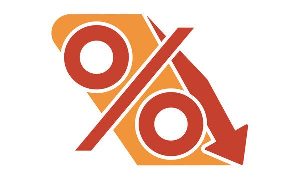 Minimalist icon of a downward diagonal arrow and percentage symbol representing a price reduction on a white background, sales and discount concept