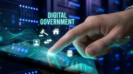 Fototapeta premium Finger touching tablet displaying digital government icons