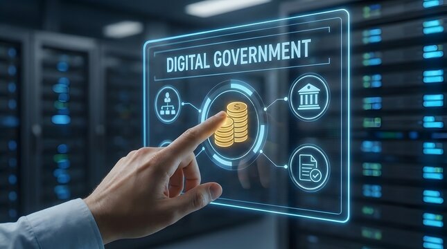 Digital government interface with hand touching coin stack icon