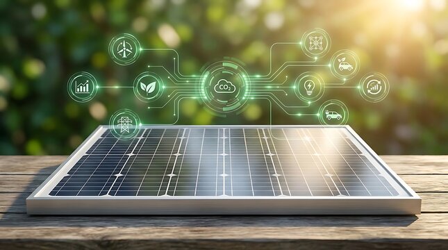 Solar panel connected to digital network showcasing renewable energy icons, electric vehicles, and CO2 reduction for a sustainable future.