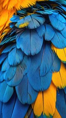 Fototapeta premium Macro photograph capturing the vibrant blue and yellow feathers of a macaw.