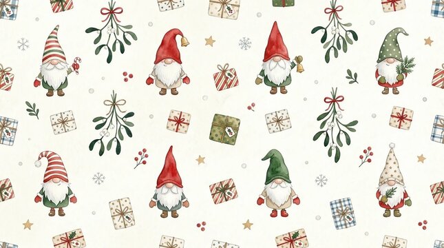 Watercolor Christmas gnomes seamless pattern for festive winter wrapping paper design. Cute Scandinavian tomte and gift boxes seamless background for holiday wallpaper. 