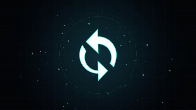 Futuristic digital synchronization loop animation with glowing circular arrows on dark tech background