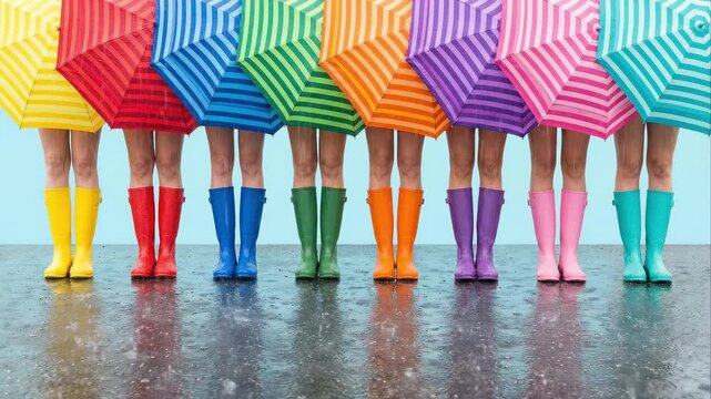 A row of people in rainbow umbrellas and matching colorful rubber boots stands on wet pavement in the rain, creating a vibrant fashion scene about weather, unity, and playful visual coordination.