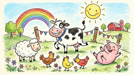 Fototapeta premium Happy cow, pig, sheep, chickens enjoy a festive day on the farm under a sunny sky