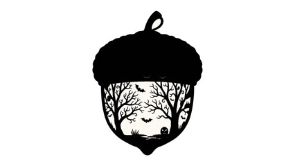 Spooky Acorn Silhouette: A dark, intriguing silhouette of an acorn reveals a haunted forest scene within, complete with bare trees, flying bats, and a spooky gravestone. © Murshida