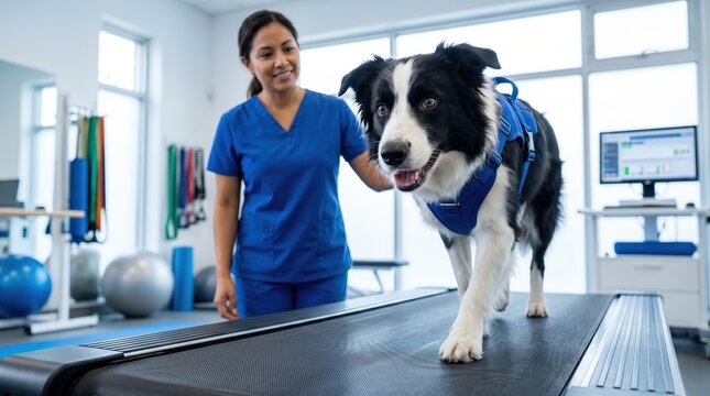 Female veterinary technician in blue scrubs assists a black and white dog on a treadmill inside a modern veterinary clinic with exercise equipment visible