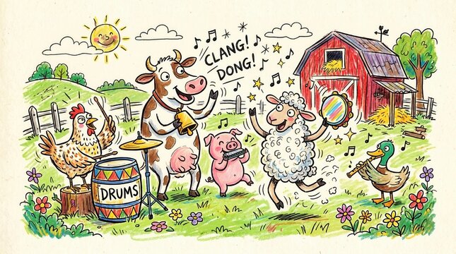 A joyous farm animal band plays music outdoors with drums, bell, harmonica, tambourine, and flute