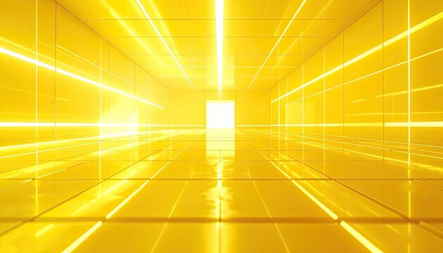 A bright yellow corridor with geometric lines and a light source at the end.