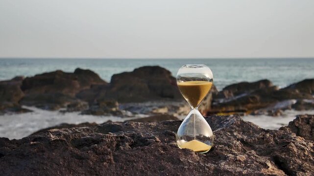 Conceptual video of an hourglass on coastal rocks with sand flowing as ocean waves crash in the background, symbolizing the urgency of climate change and the passage of time