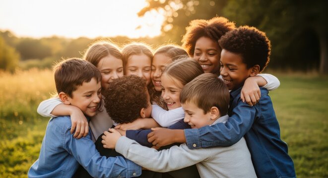 Two young boys hugging and smiling in a sunlit field with golden hour lighting siblings