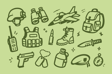 Fototapeta premium Military Equipment Doodle Set Vector Illustration