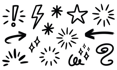 Fototapeta premium Hand-drawn set of black doodle icons including arrows, stars and lightning bolts on a clean white background for design.