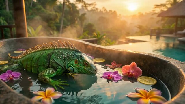 A large green iguana relaxes inside a steaming hot wooden tub decorated with exotic orchids and citrus slices overlooking a lush tropical valley, luxury wellness retreat, self care concept.