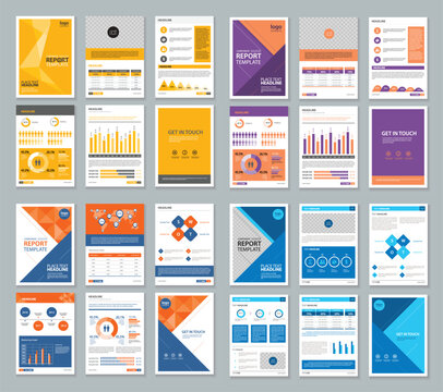 Professional Data Analytics report template collection and layout design with infographics, data visualization charts, financial report layouts. Suitable brochures, proposals, presentations, concept
