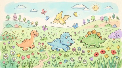 Fototapeta premium Adorable cartoon dinosaurs play together in a sunny green meadow blooming with colorful flowers