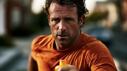 Fototapeta premium Middle-aged man with sweat on his face holding a water bottle after intense exercise