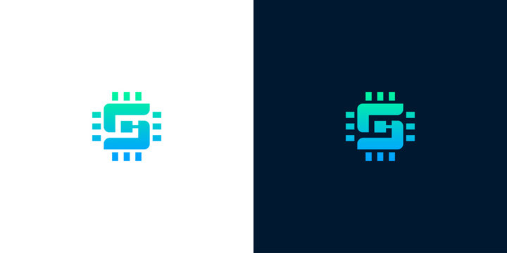 Minimalist letter S technology microchip logo design concept