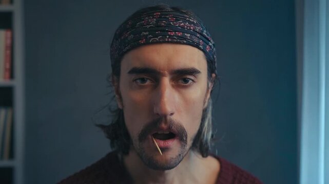 Close-up portrait of a hippie man with medium-length hair, horseshoe mustache, patterned headband, and knitted sweater, holding a toothpick indoors with blurred bookshelf background