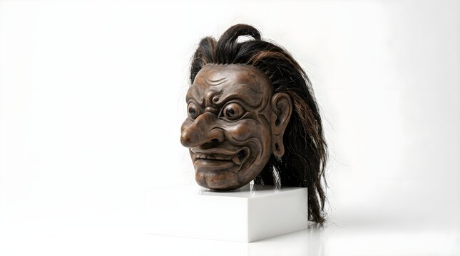 Traditional Balinese Rangda mask with long white hair displayed on a stand against a clean white background