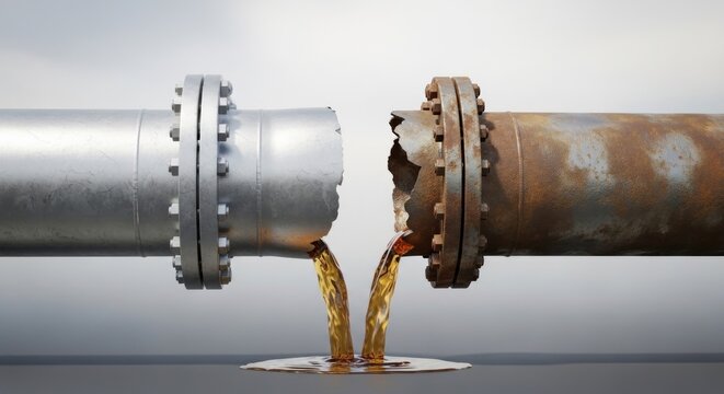 Oil leaks from a ruptured rusty pipe into a shiny metallic pipe