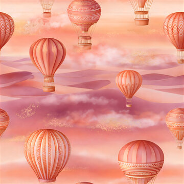 Seamless pattern of hot air balloons in a pink sky at sunset with aircraft adventure whimsical romantic seamless illustration decoration backdrop background colorful transport landscape