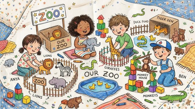 Three happy children enjoy playing with their toy animals, building a lively zoo indoors at home
