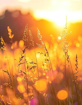 Golden hour light illuminates tall grass with bokeh effects.