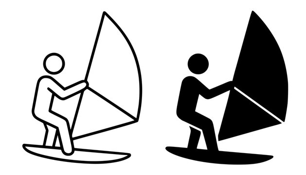 Windsurfing minimalist icon, in outline and silhouette design, for activity or sport symbol