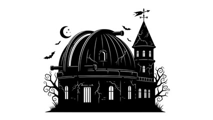 Spooky Observatory Silhouette: An eerie silhouette of an old observatory stands under a crescent moon, with bats flying around and bare, gnarled trees, evoking a sense of mystery and the supernatural. © mahmuda428