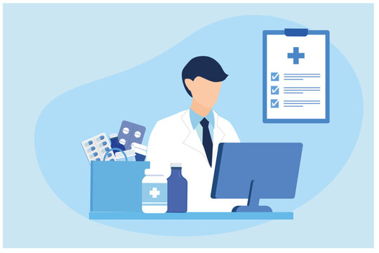 Pharmacist holding medicine bag for disease treatment. pharmacy and medical treatment. Vector illustration