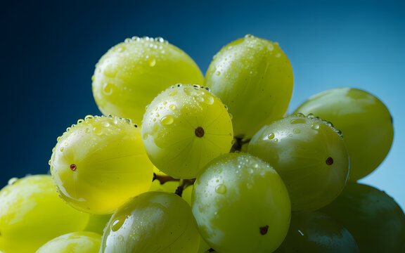 Fresh bunch of green grapes with water droplets on a blue background