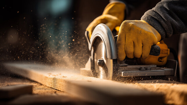 Carpenter cutting a wooden board with a circular saw, Close-up of cutting a board in a workshop, Cutting wood with a circular saw, generative ai