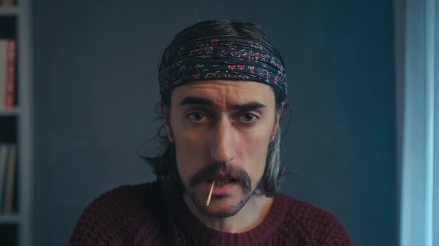 Portrait of skeptical hippie man with mustache horseshore and patterned headband holding toothpick, indoor close-up against muted blue background with soft natural light