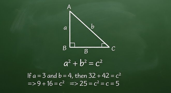 Mathematical illustration of the pythagorean theorem on a green chalkboard